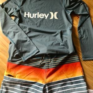 Hurley rash guard, O’Neill trunks & White shorts